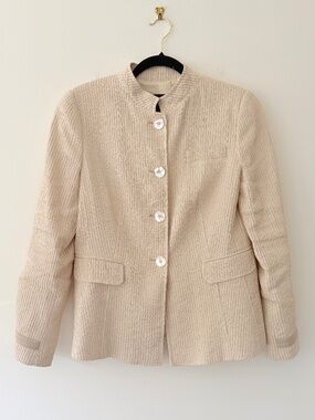 Emporio Armani Silk Linen Striped Blazer Stand Up Collar Tan Pocket Cuff Detail